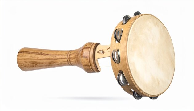 Wooden tambourine with handle and metal jingles