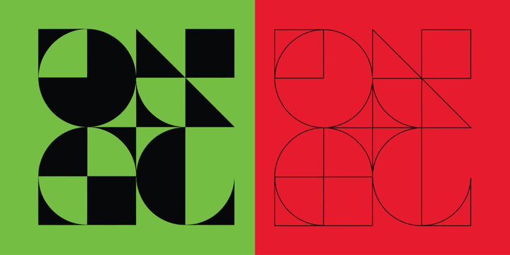 Symmetrical geometric pattern with solid black shapes and linear outlines on contrasting green and red backgrounds
