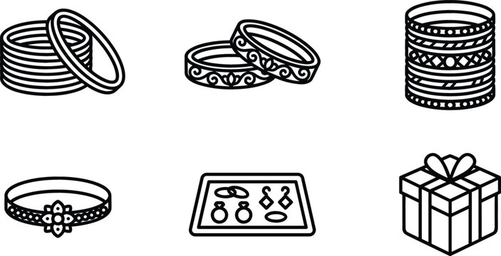 Traditional Indian Bangle and Jewelry Icon Set Featuring Stacked Bracelets, Wedding Rings, Choker Necklace, Display Tray, and Gift Box Line Vectors