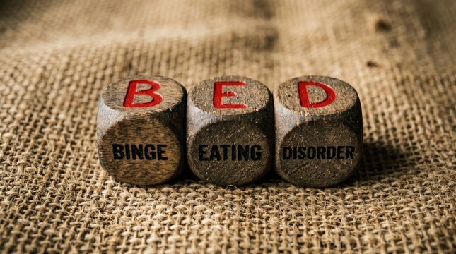 Wooden cubes spelling BED for Binge Eating Disorder concept on textured burlap fabric background close up
