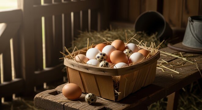 Fresh eggs in a rustic basket on a wooden table. Farm-fresh produce for healthy cooking.
