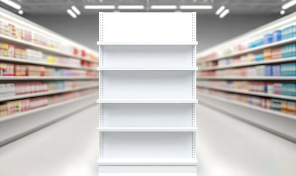 Five tier white shelving unit in blurry supermarket aisle with products on sides.