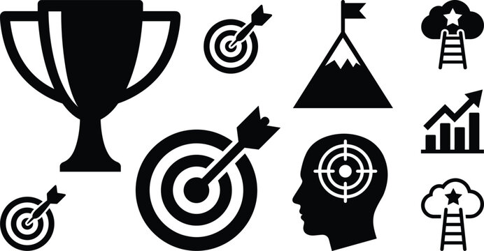 Business Achievement Trophy Cup Target Mountain Peak and Growth Chart Silhouette Icon Set