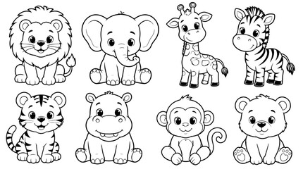 Fototapeta premium Cute Baby Animals Collection Lion Elephant Giraffe Zebra Monkey Tiger and Bear