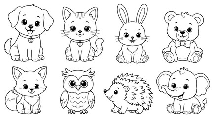 Fototapeta premium Pet Animals Collection Dog Cat Rabbit Bear Owl Hedgehog Fox and Elephant