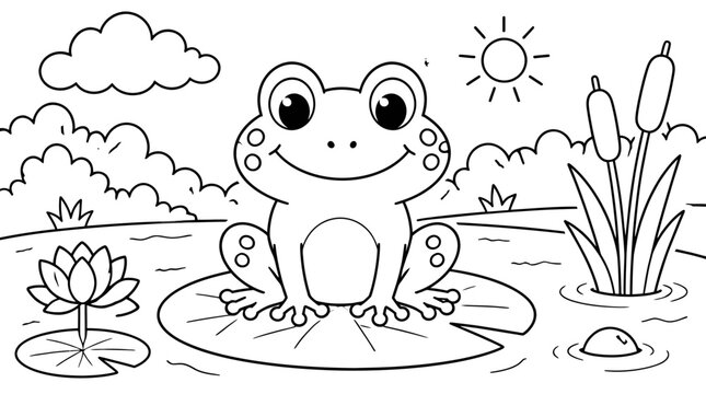 Smiling frog on lily pad in pond with sun and plants