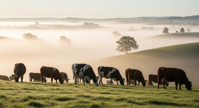 Herd of cows grazing on lush green pasture at sunrise. Rural farm scene with peaceful livestock and natural landscape.
