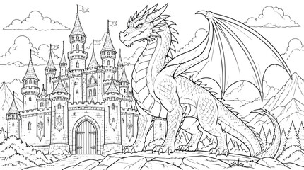 Obraz premium Dragon and Castle Scene for Coloring Book or Fantasy Illustration