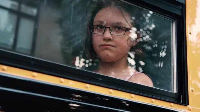 Girl looking out the school bus window