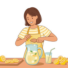 Girl preparing fresh lemonade in kitchen. Cheerful child making citrus drink with pitcher and lemons.