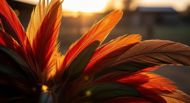 Close-up of vibrant red and orange leaves in sunset light. Nature scene with warm tones and detailed foliage.