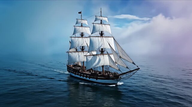 A majestic three-masted ship with full sails glides across calm, blue ocean waves