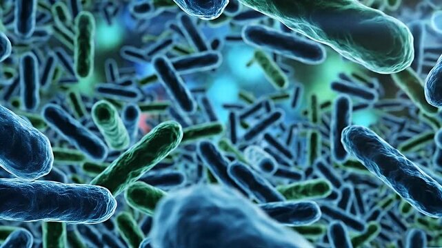 A close-up, microscopic view of rod-shaped bacteria in shades of blue and green