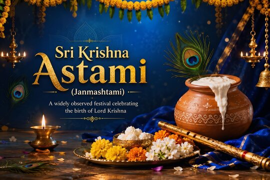 Sri Krishna Janmashtami Festival Greeting Banner with Dahi Handi Pot, Flute and Peacock Feather