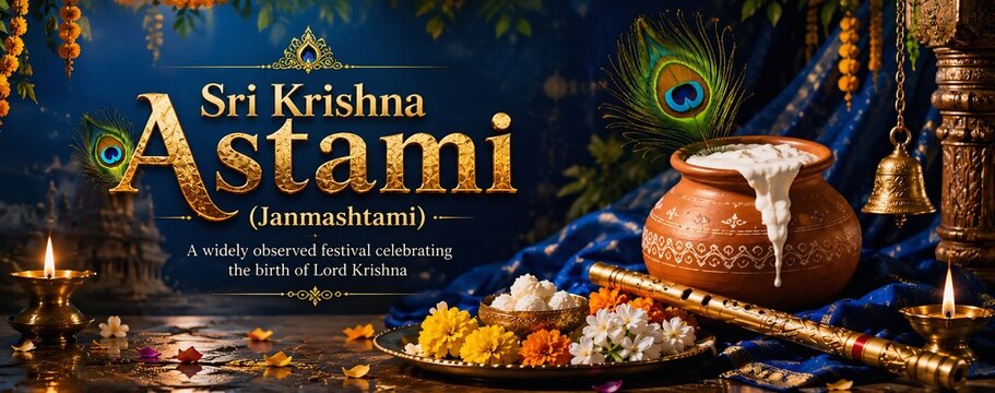 Sri Krishna Janmashtami Festival Greeting Banner with Dahi Handi Pot, Flute and Peacock Feather