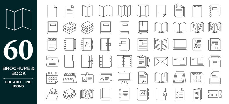 Brochure line icons set. Flyer leaflet, catalogue, booklet, magazine, letterhead, open book and other polygraph vector illustration. Editable Line Icon