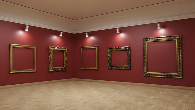 Empty antique gold picture frames hanging on red gallery wall interior