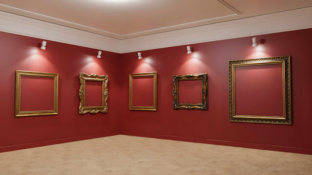 Empty vintage golden picture frames on gallery wall with track lighting