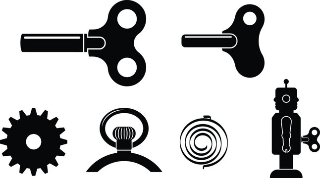 Vintage Wind Up Key Clockwork Mechanism and Toy Robot Silhouette Vector Icon Set