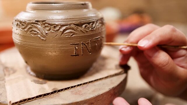 Artisan Hand Carving Intricate Patterns on Traditional Clay Pottery Vessel