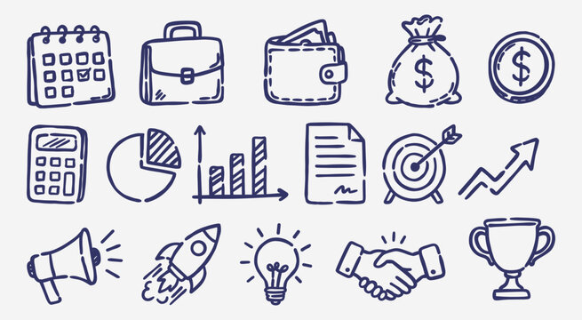 Hand drawn business doodle icon set in outline style. Perfect for branding, presentations, planners, websites, apps, stationery, stickers, print, and commercial design projects.