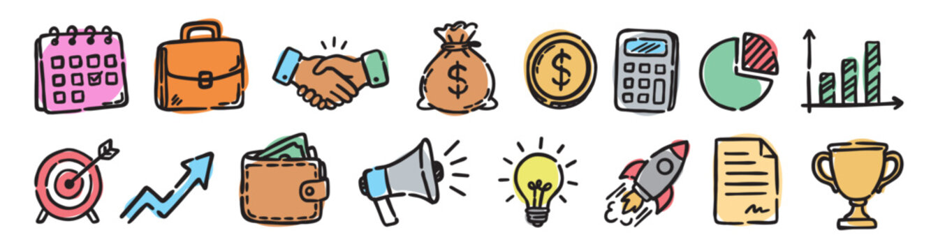 Colorful hand drawn business finance doodle icon set with playful sketch style. Perfect for branding, presentations, websites, apps, planners, stationery, stickers, print, and vector design