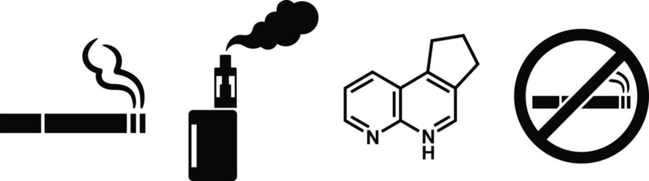 Electronic Cigarette Vape and Nicotine Chemical Molecule No Smoking Silhouette Icon Set