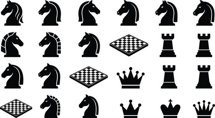 Chess Piece Knight Rook Queen King and Isometric Board Silhouette Vector Icon Set © MstBabli