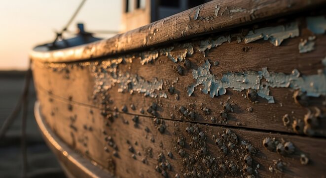 Close-up of weathered wooden boat with peeling paint and barnacles