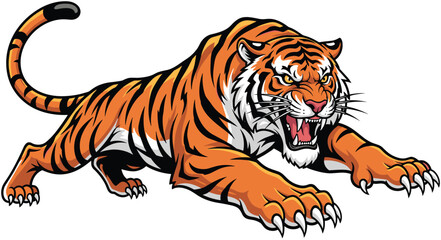 Fierce tiger illustration, wild animal, roaring tiger, big cat predator, striped fur, powerful claws, jungle wildlife, aggressive stance, detailed vector art, orange and black © Manik