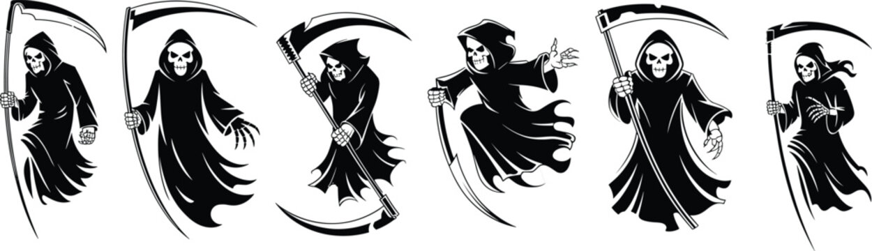 Grim reaper illustration set featuring hooded skeleton figures with scythes in dark, dramatic poses for horror themes, Halloween designs, tattoos, posters, and artwork