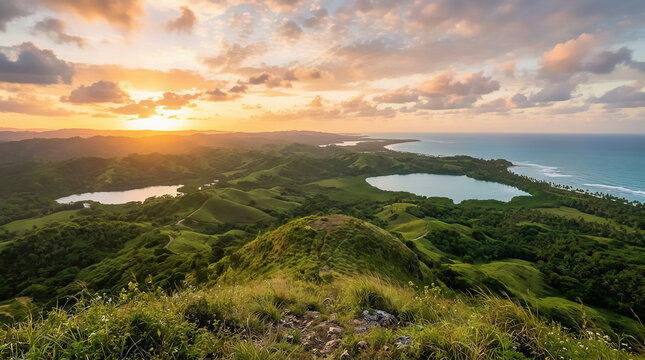 Monta&ntilde;a Redonda in Miches, Dominican Republic, with a breathtaking 360-degree panoramic view of lush green hills, Atlantic Ocean, coastal lagoons and dramatic golden hour tropical landscape.
