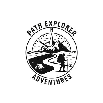 Adventure Path Explorer Logo: Hiker, Mountains, Compass, Tent, Nature Journey