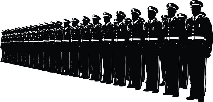 Large formation of uniformed officers standing in straight line, detailed silhouette illustration representing military or police parade, security personnel, ceremony, discipline