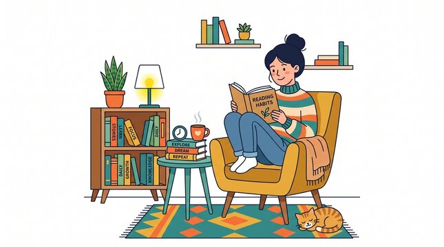 A young woman comfortably reads a book in a cozy armchair next to a bookshelf and a sleeping cat.