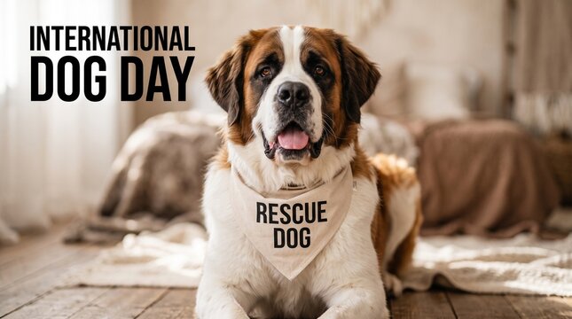 Saint bernard rescue dog with a bandana outdoors, international dog day concept.