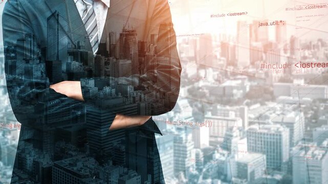 A professional businessman stands confidently with arms crossed, overlooking a vibrant cityscape. The image features a digital code overlay, symbolizing innovation and technology. Xenic