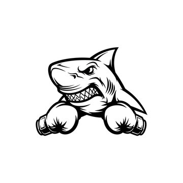 Aggressive Shark Boxer Mascot Illustration, Fierce Marine Predator Wearing Boxing Gloves