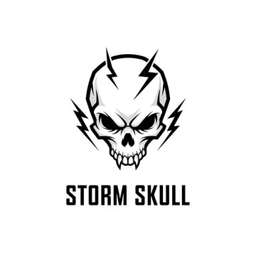 Aggressive Skull with Lightning Bolts and Text Storm Skull - Dark E-sport Logo