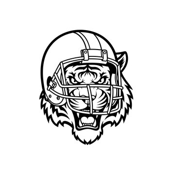 Aggressive Tiger Face with Football Helmet - Sports Mascot Logo