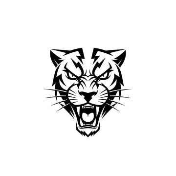 Aggressive Tiger Head Emblem, Black and White, Roaring Feline Mascot, Fierce Animal Art