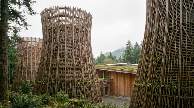Architectural wooden lattice towers in a forest setting.