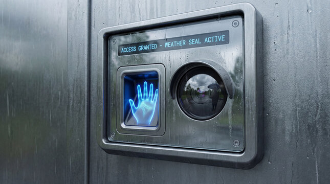 Modern biometric palm scanner and camera security device on wall.