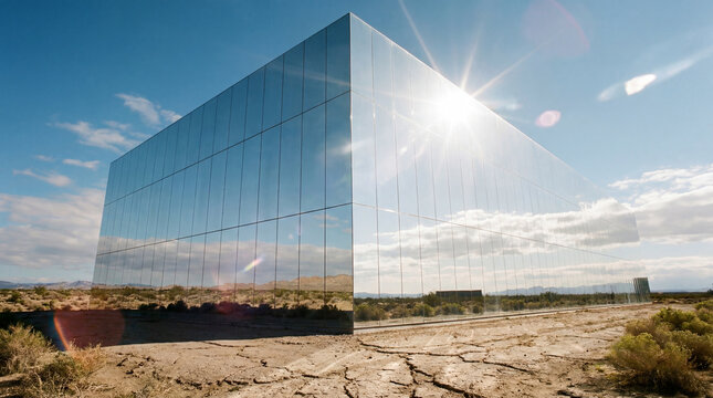 Modern architectural structure with reflective mirrored glass walls in a desert landscape.
