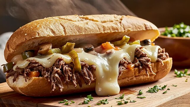 Juicy steak sandwich with melted cheese, peppers, and onions on a bun