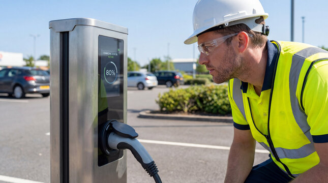 Engineer inspecting an electric vehicle charging station.