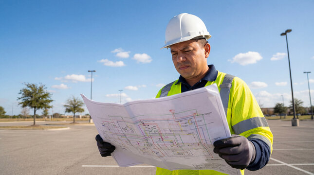 A male construction engineer wearing a hard hat and safety vest reviewing architectural blueprints.