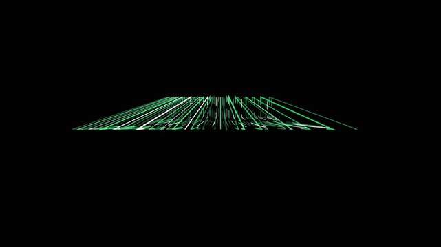 Green glowing linear structures form a symmetrical pyramid shape in this minimalist digital motion graphic video for modern artistic backgrounds