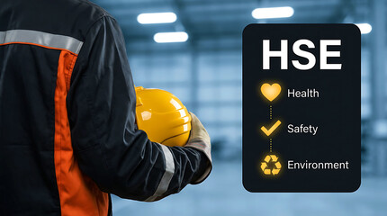 Fototapeta premium Industrial worker holding safety helmet with HSE concept sign board