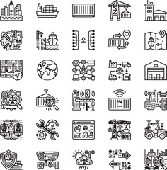 Fototapeta premium Smart Ports Line Icons for Maritime Logistics, Container Terminal Automation, Supply Chain and Vector Icon Set